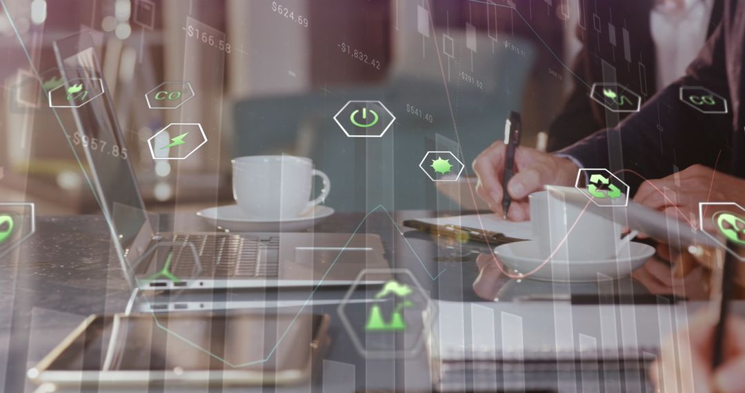 Digital Interface and Eco Icons in Modern Business Meeting