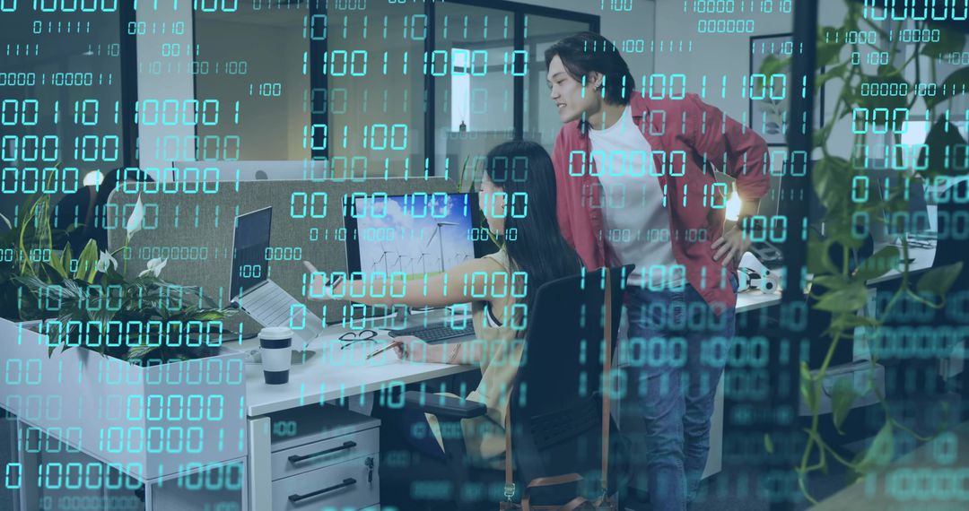 Tech Professionals Collaborating with Binary Code Overlay