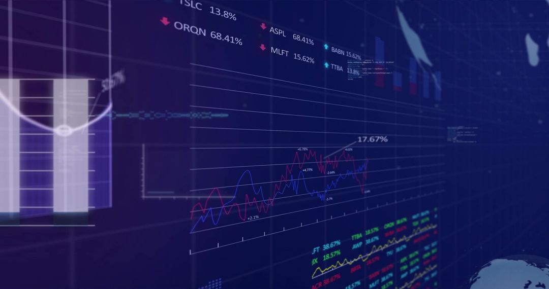 Displaying multi-series financial charts on futuristic neon dashboard with globe overlay