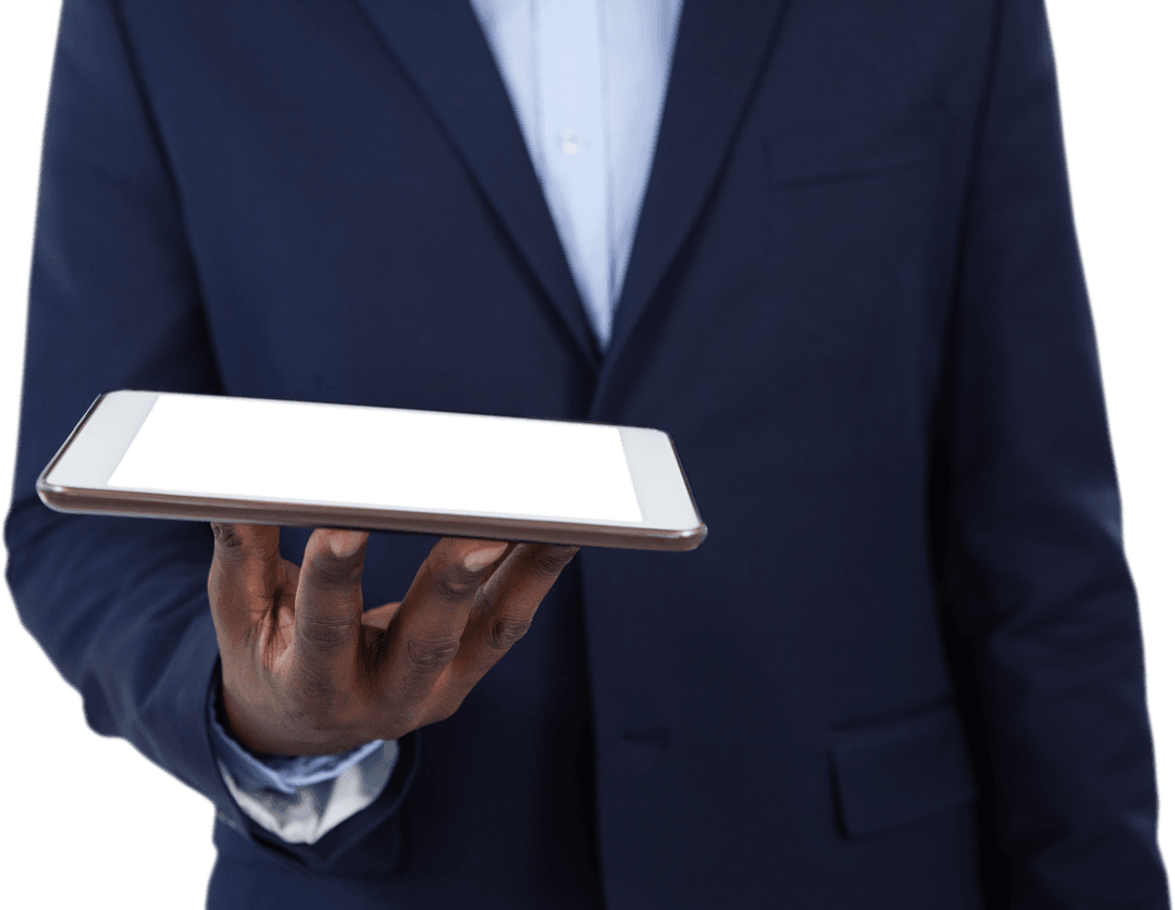 Transparent African American Businessman Holding Blank Tablet Screen