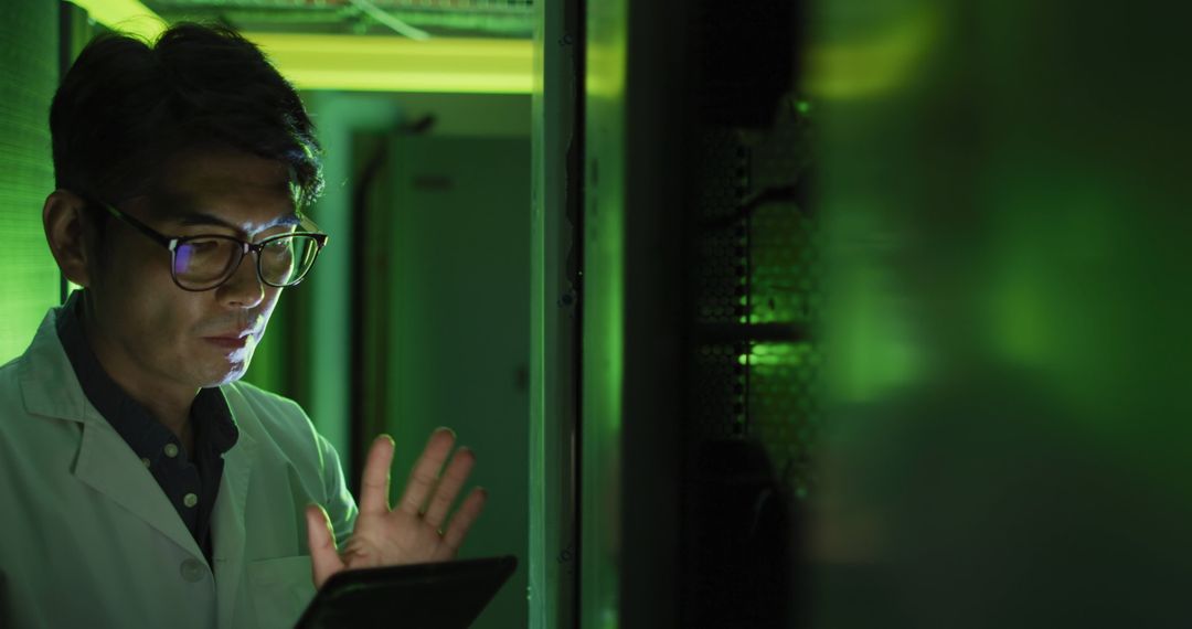 Tech Professional Engaged in Research amid Innovative Green Lighting