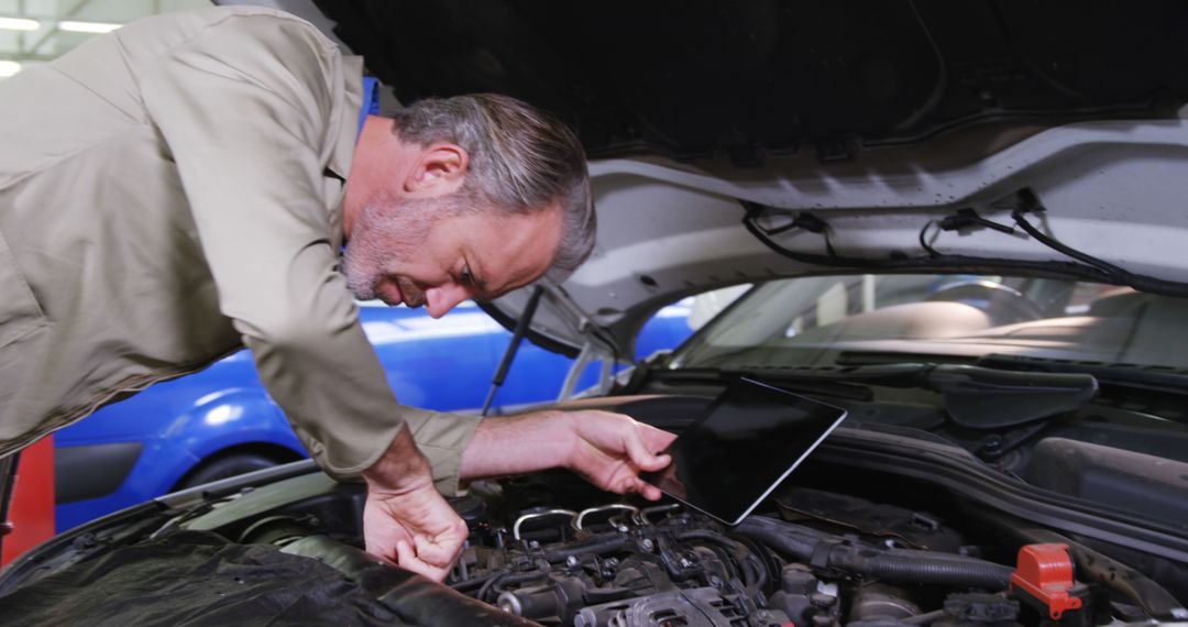 Experienced Mechanic Working Under Car Hood with Tablet - Free Images, Stock Photos and Pictures on Pikwizard.com