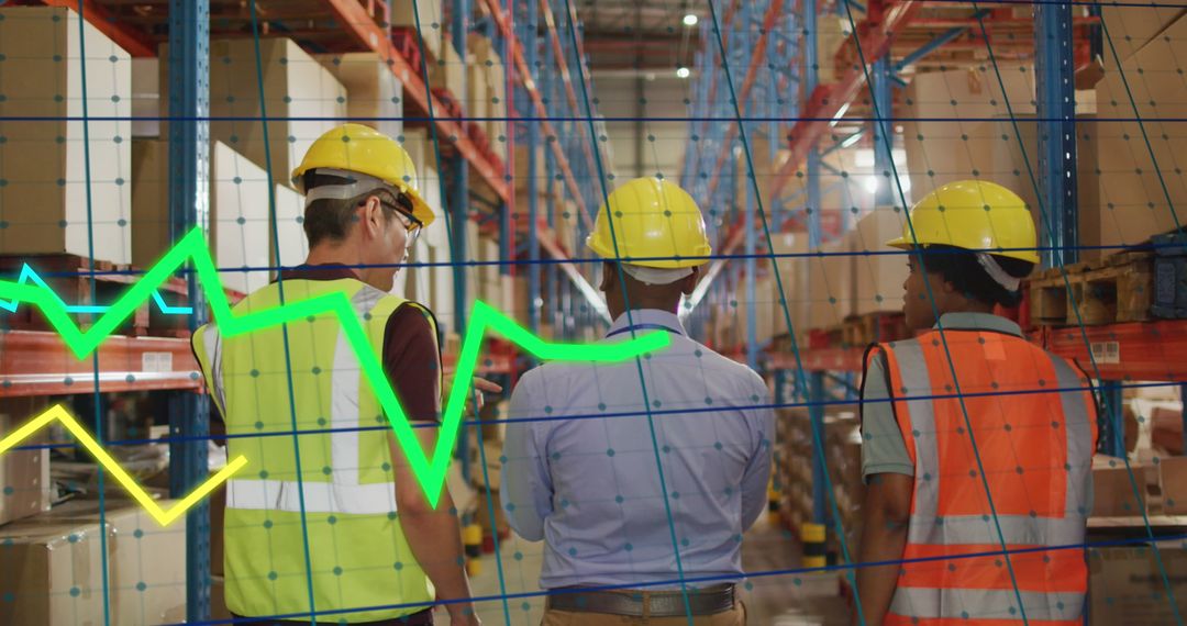 Warehouse Workers Analyzing Warehouse Stock with Overlaid Data