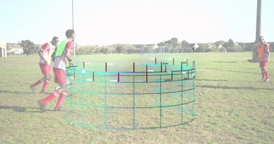Youth soccer players practicing tactical passing drill with augmented grid overlay on field
