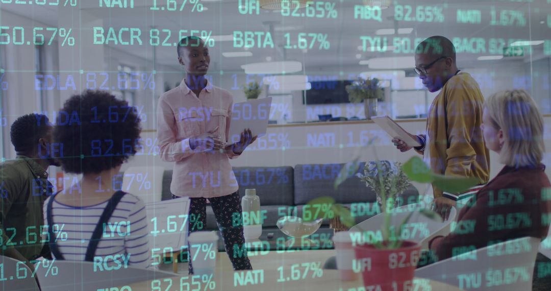 Digital Finance Meeting with Diverse Team Overlaid by Stock Market Data