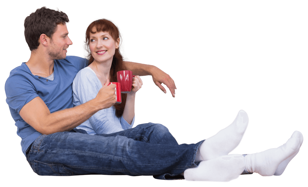 Romantic Caucasian Couple Relaxing with Tea on Transparent Background