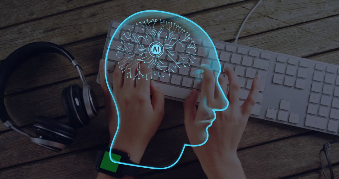 AI Brain Illustration Over Person Typing on Computer Keyboard