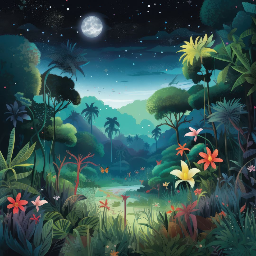 Enchanting Tropical Forest at Night with Bright Full Moon - Free Images, Stock Photos and Pictures on Pikwizard.com