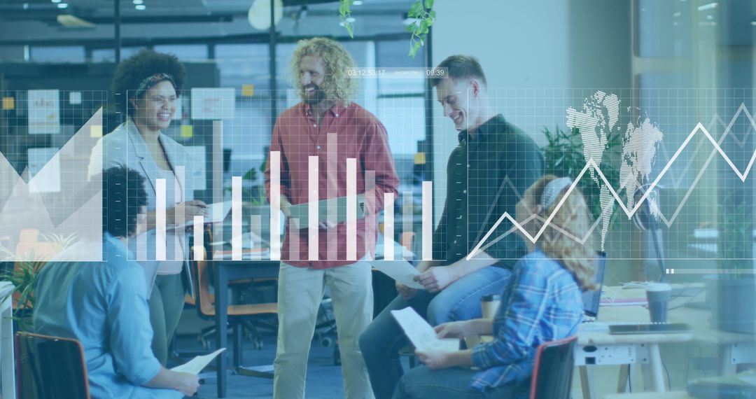 Diverse Colleagues Discussing Business Strategies with Technology Overlay