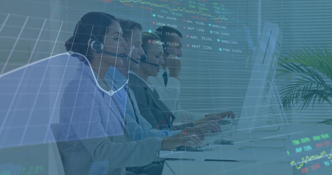 Team Engaged in Financial Data Analysis with Digital Interface Overlay