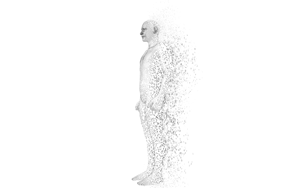 Digital Silhouette of Disintegrating Man on Transparent Background