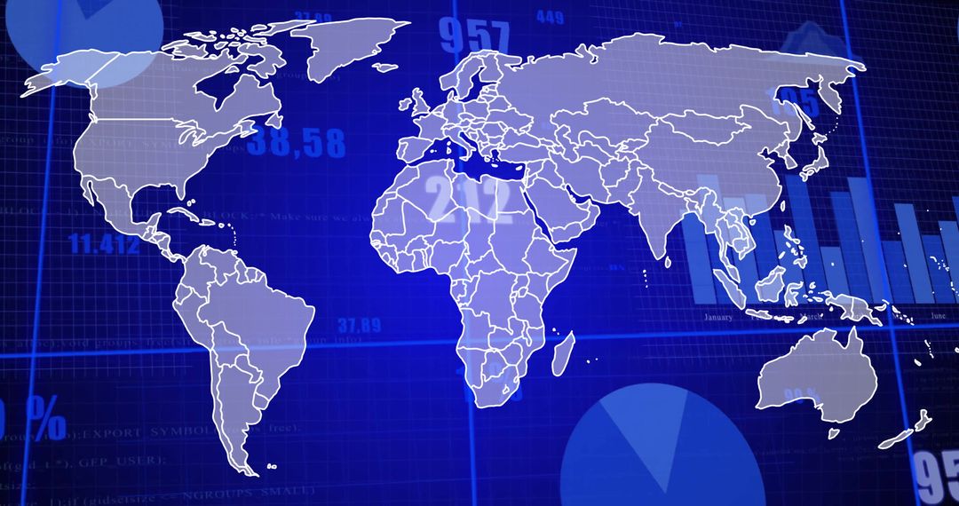 World Map with Data Visualizations and Charts over Blue Background
