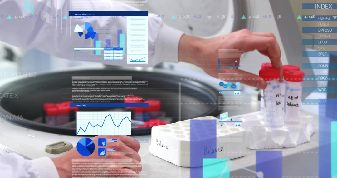 Handling red-capped tubes by lab-coated hands with centrifuge and analytics overlays