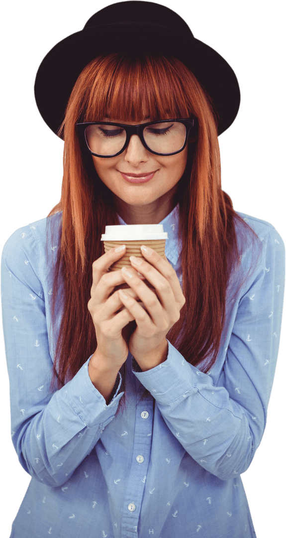 Smiling Redhead Hipster Woman Drinking Coffee in Transparent Background