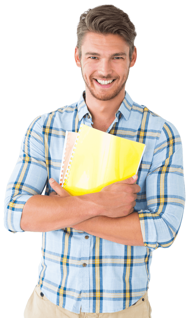 Smiling Caucasian Man Holding Notebooks on Transparent Background