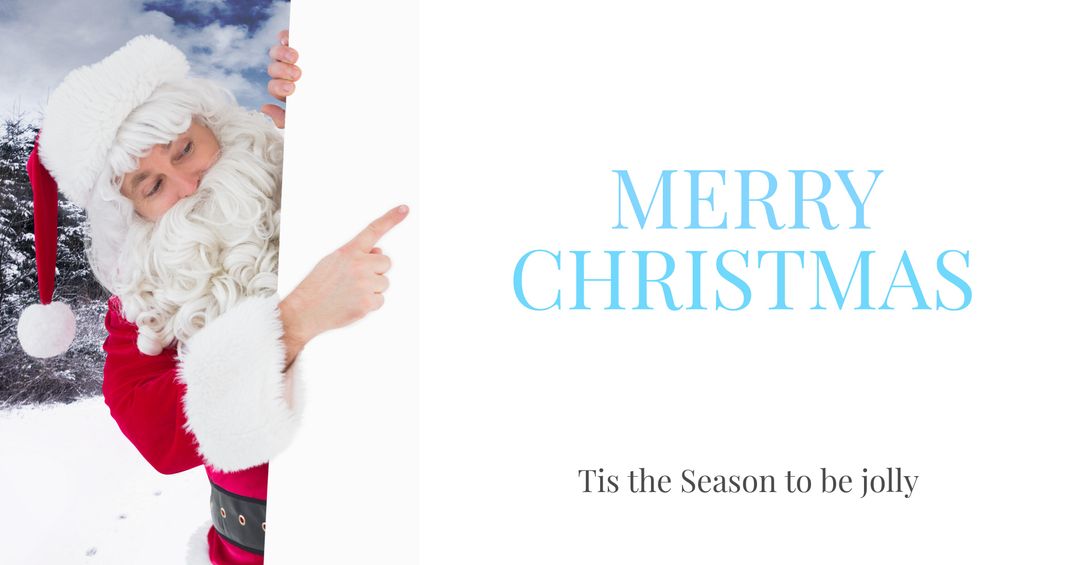 Santa Claus Pointing to Merry Christmas Greeting Outdoors