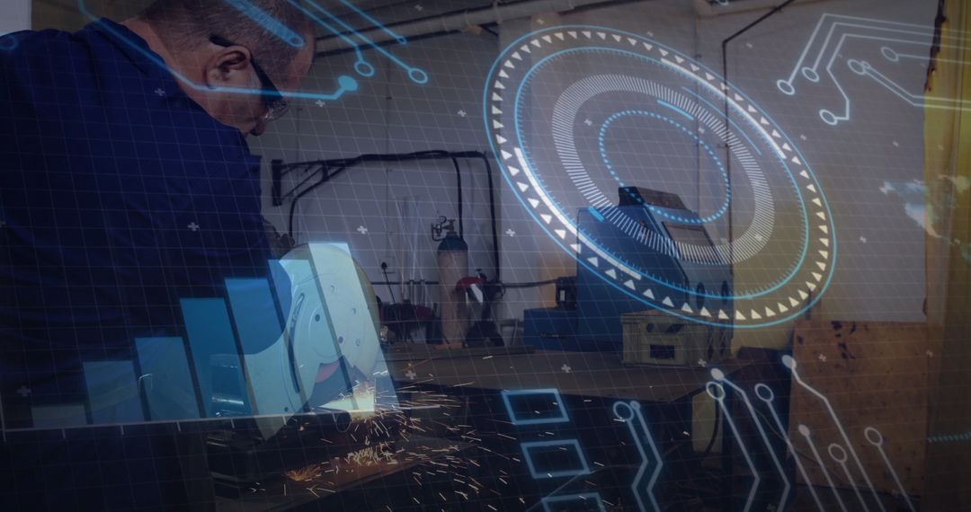 Craftsman Grinding Metal with Futuristic Overlay Sparks Progress