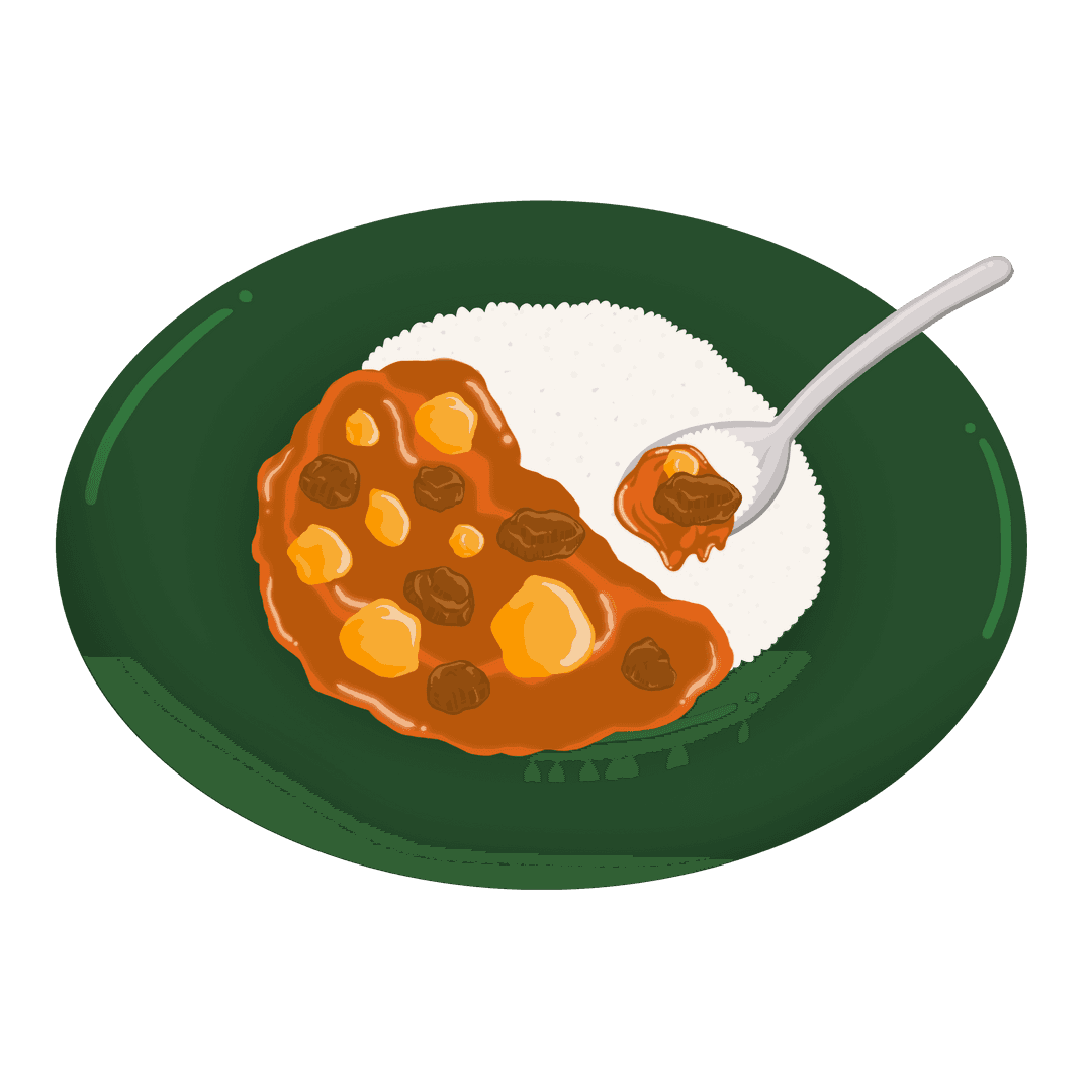 Curry and Rice on Green Plate with Spoon, Transparent Design