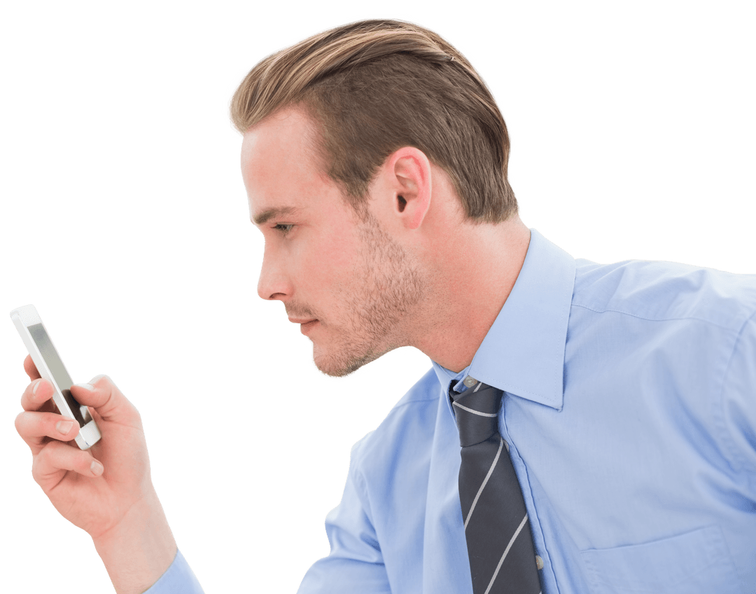 Caucasian Businessman Using Smartphone with Transparent Background