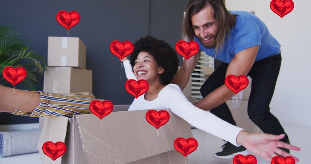 Joyful Couple Embracing New Home Adventure with Love and Heart Icons Decor