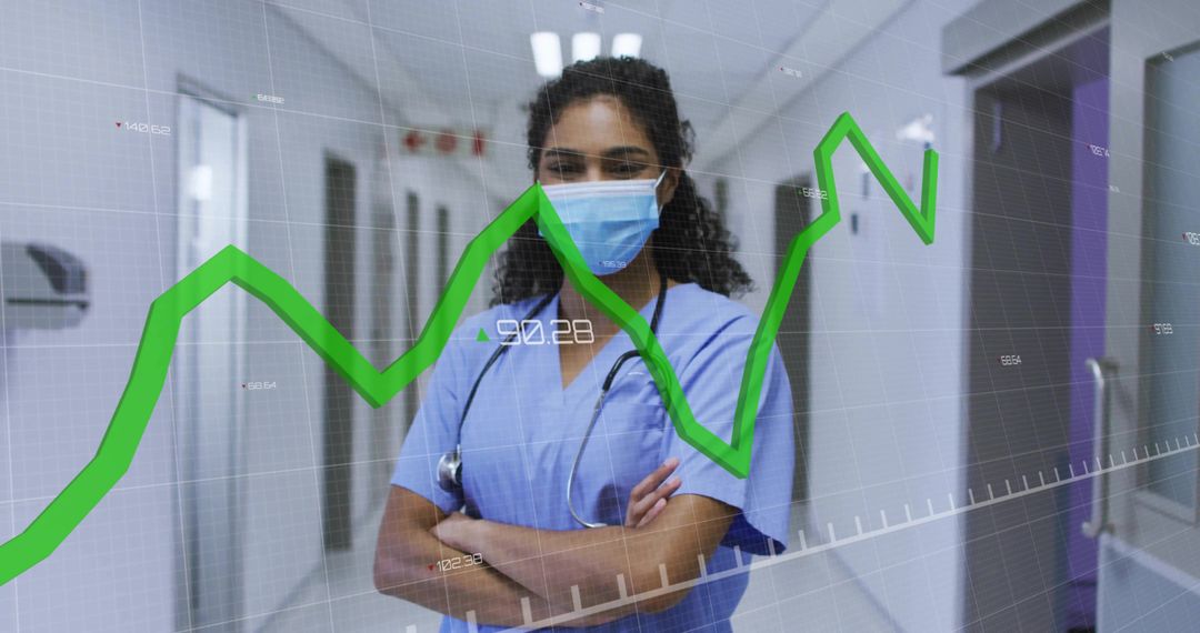 Masked Nurse Analyzing Statistics with Transparent Graph in Hospital