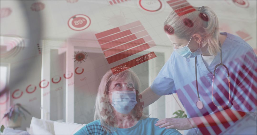 Healthcare Worker Assisting Senior Woman with Pandemic Data Overlay - Free Images, Stock Photos and Pictures on Pikwizard.com