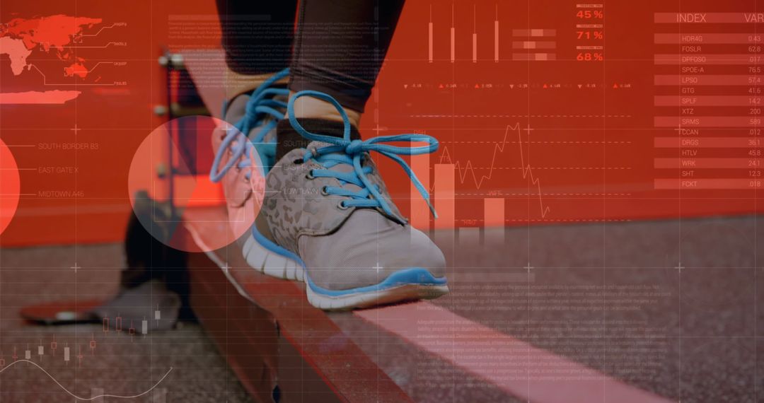 Athlete Walking Balance Beam Overlaid with Data Analytics Graphics