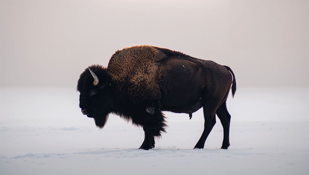 Solitary American bison standing on snow-covered prairie with snow-dusted coat