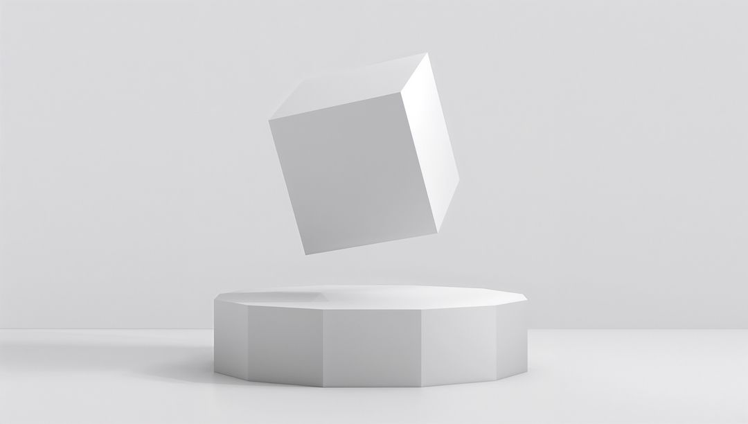 Levitating White Cube Above Octagonal Pedestal in Minimalist Studio