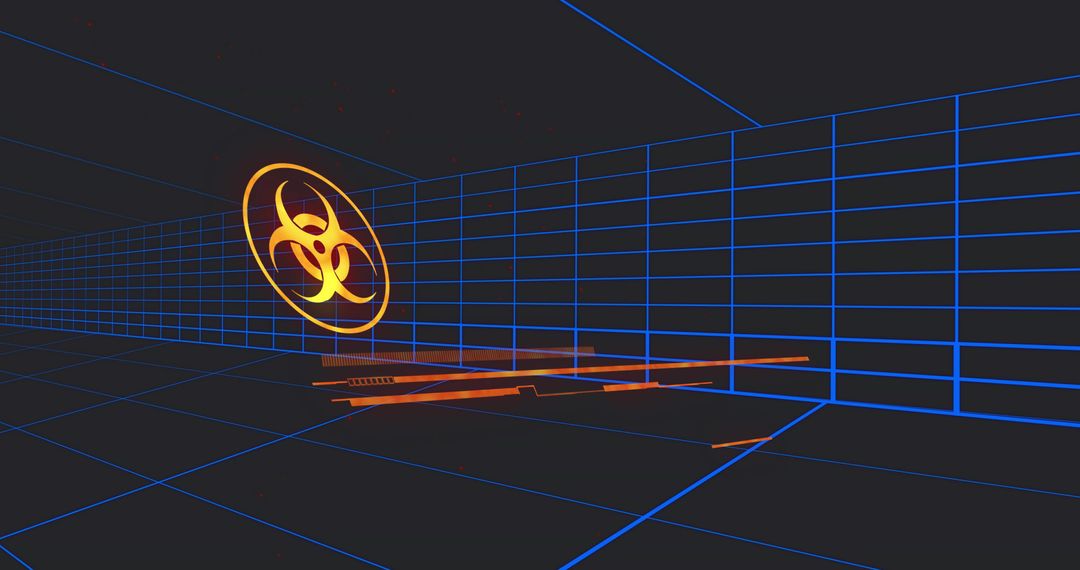 Neon Holographic Biohazard Emblem Floating in Futuristic Grid Passage with Orange Accents