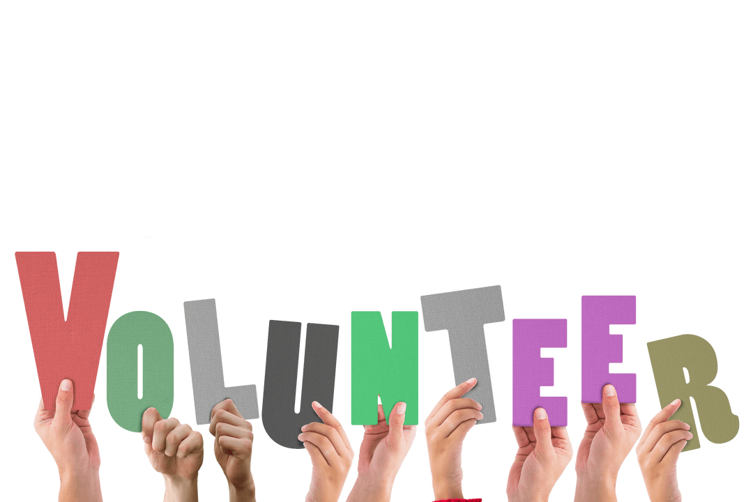 Hands Holding Colorful Volunteer Word on Transparent Background