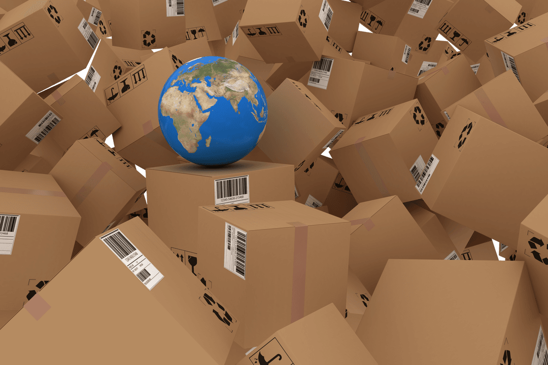 Globe Surrounded by Cardboard Boxes with Transparent Background