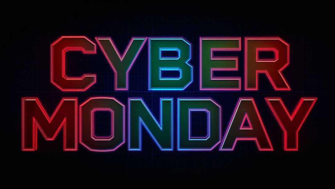 Cyber Monday Neon Glowing Futuristic Text Banner with Retro Tech Grid