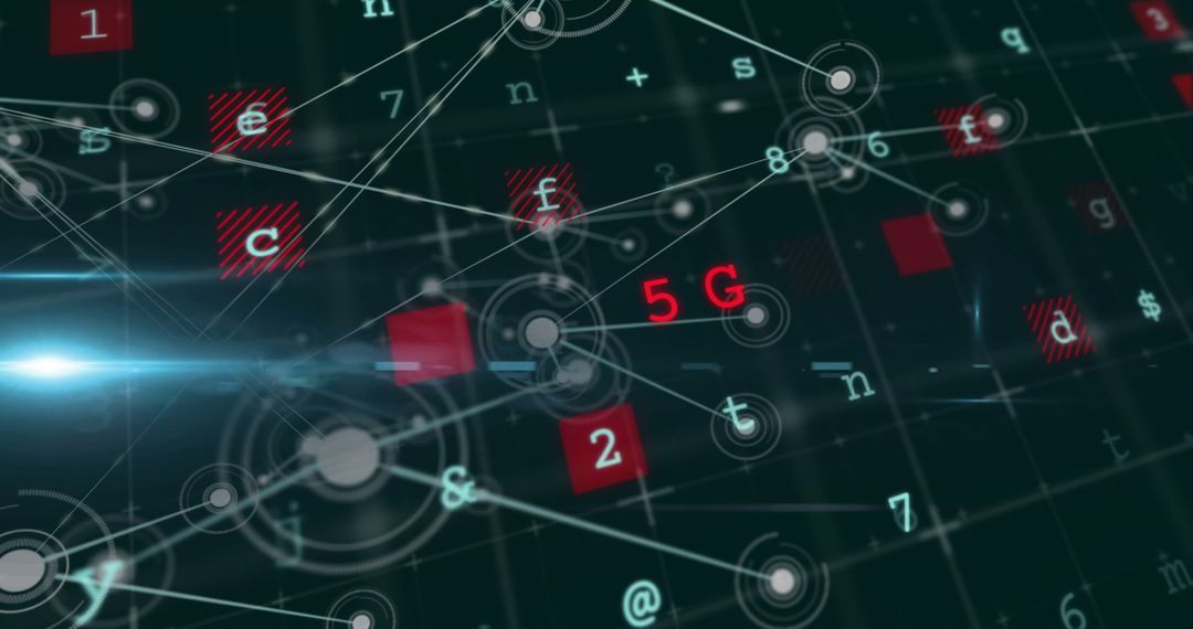 Abstract network connection with 5g symbols and digital data exchange