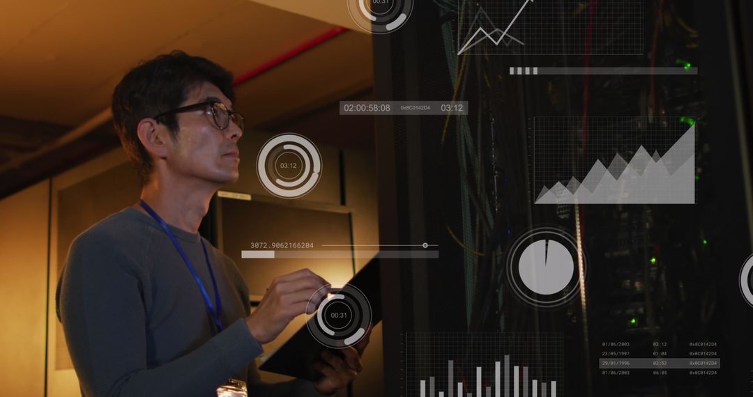 Asian Technician Analyzing Network Data in Server Room