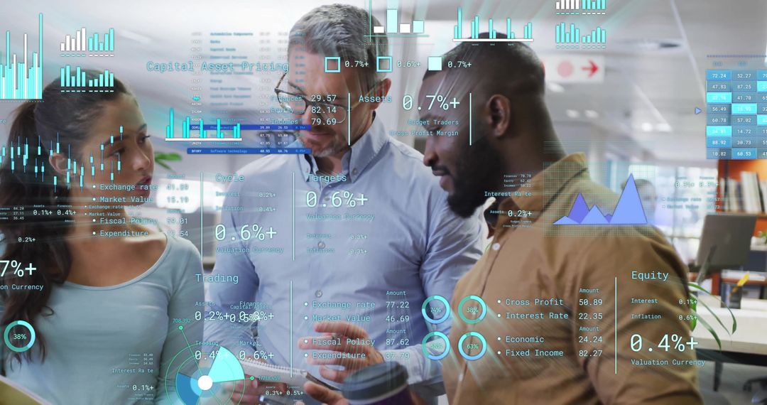 Mixed Team Analyzing Digital Financial Data on Office Screens