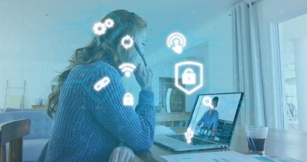 Businesswoman Using Laptop with Virtual Security Interface