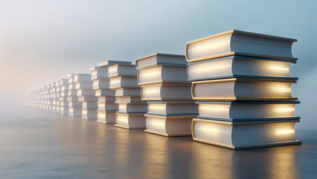 Endless Stacks of Illuminated Books Fading into Misty Distance