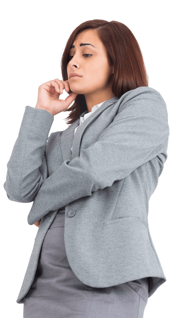 Pensive Businesswoman in Grey Suit on Transparent Background