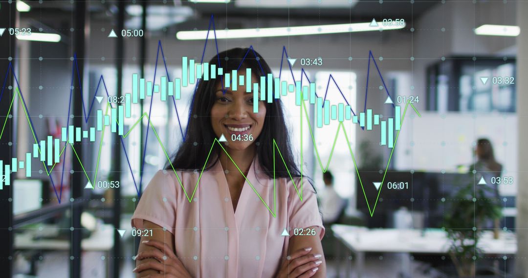 Smiling Businesswoman Behind Dynamic Graphs in Modern Office