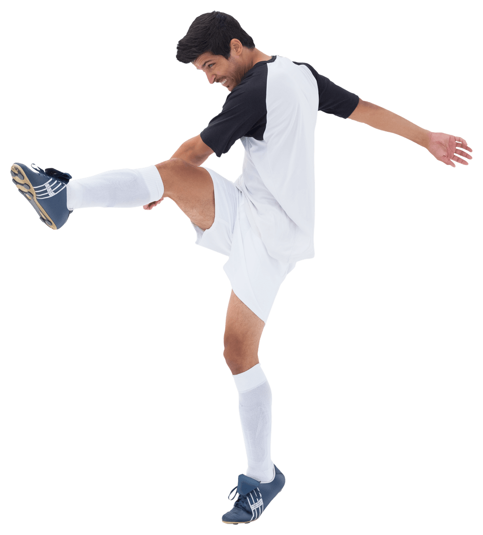 Dynamic Football Player Kicking Ball on Transparent Background