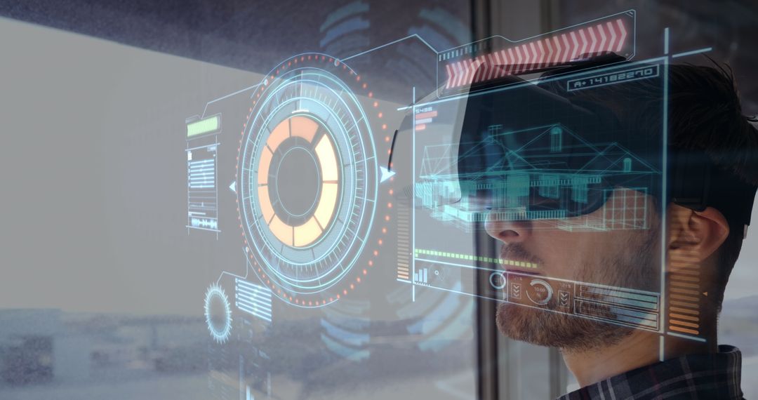 Man Interacts with Futuristic Virtual Interface Using VR Headset