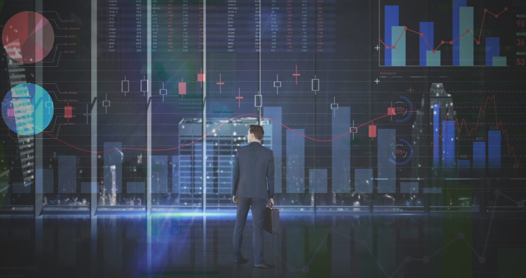 Business Executive Analyzing Financial Data on Transparent Screens