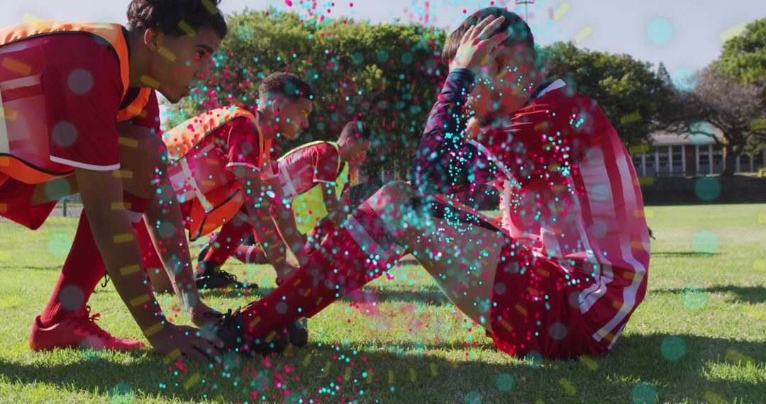 Teen Athletes Warming Up on Soccer Field with Team Support