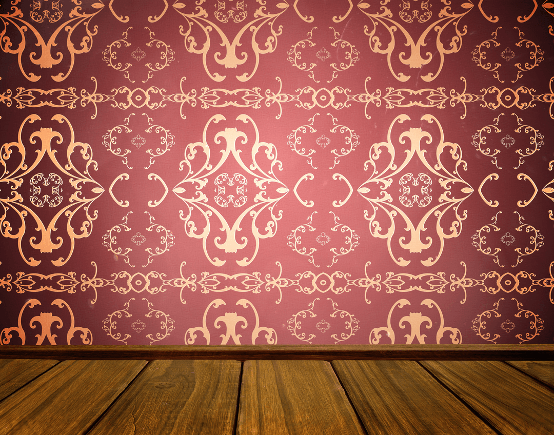 Ornate Gold Pattern on Claret Background with Elegant Wood Floor