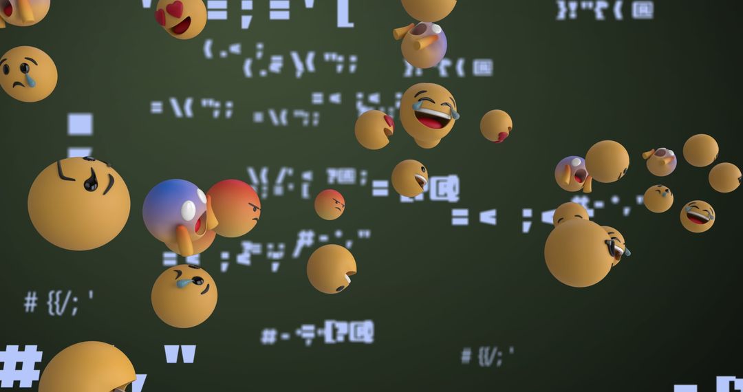 Floating Emojis over Digital Interface Displaying Code