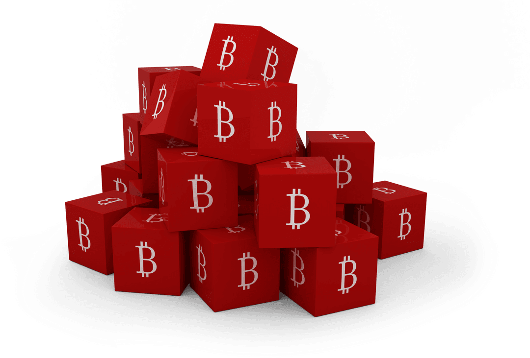 Pile of Red Transparent Boxes with Bitcoin Symbol