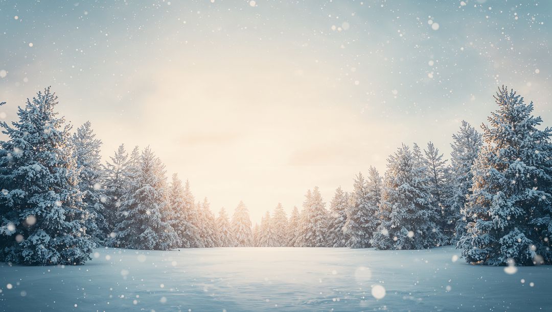 Sunlit Snow Clearing Framed by Frosty Evergreens with Gentle Falling Snowflakes