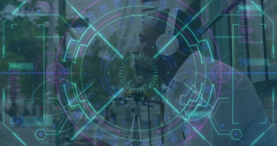 Digital Interface Overlaying Business Professional with Futuristic Data Graphics