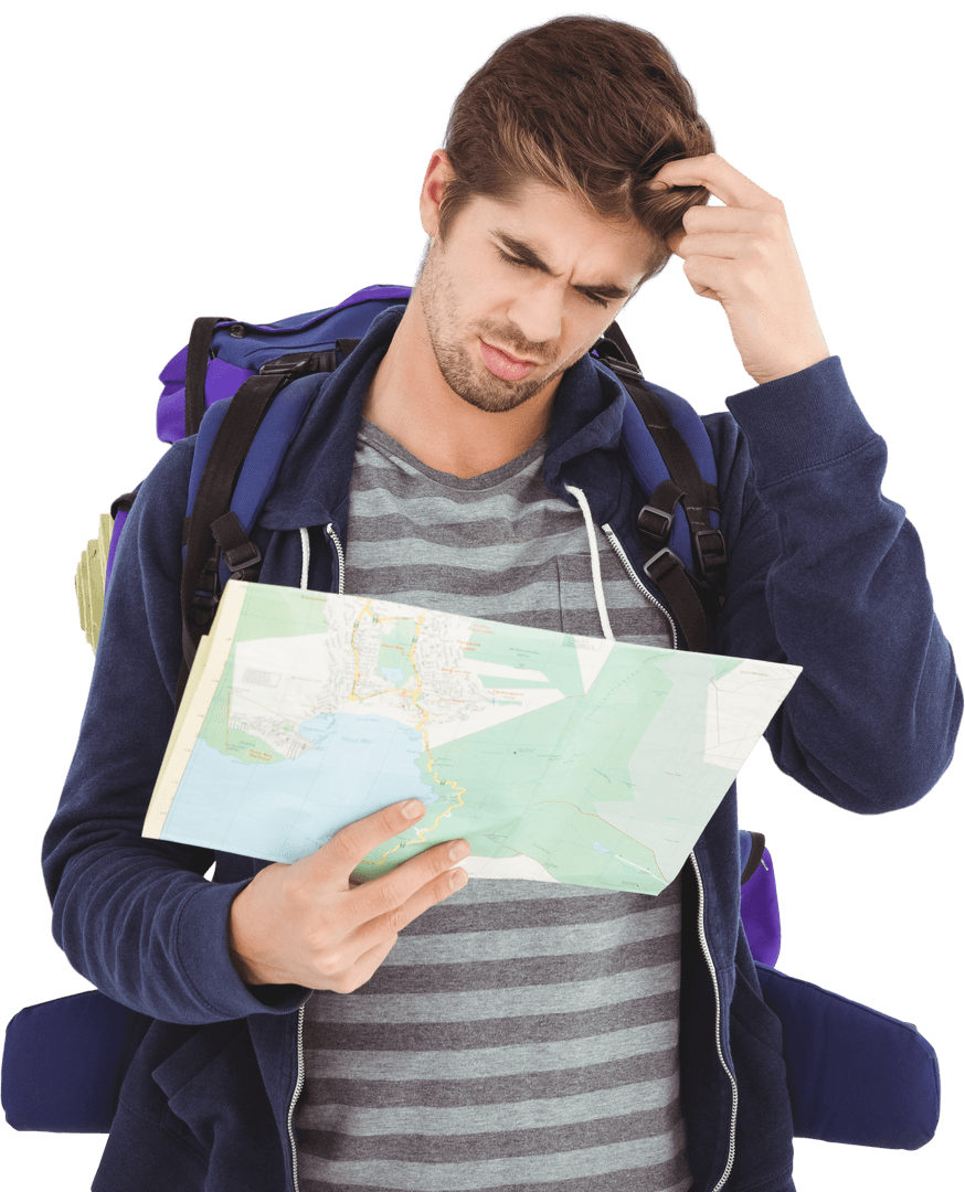 Confused Young Man Scratching Head Looking at Map